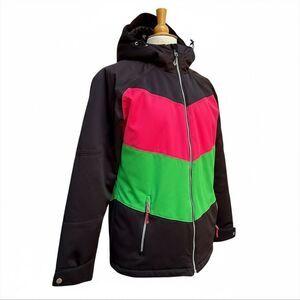 Obermeyer Ski Jacket Women's 10 Black Neon Pink & Green Full Zip Hooded Coat Sno